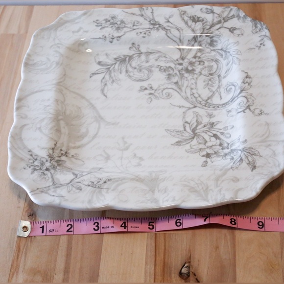 222 Fifth “Love Poem” Fine China Square Plate – 10” Gray Floral Scroll Design - Picture 6 of 8